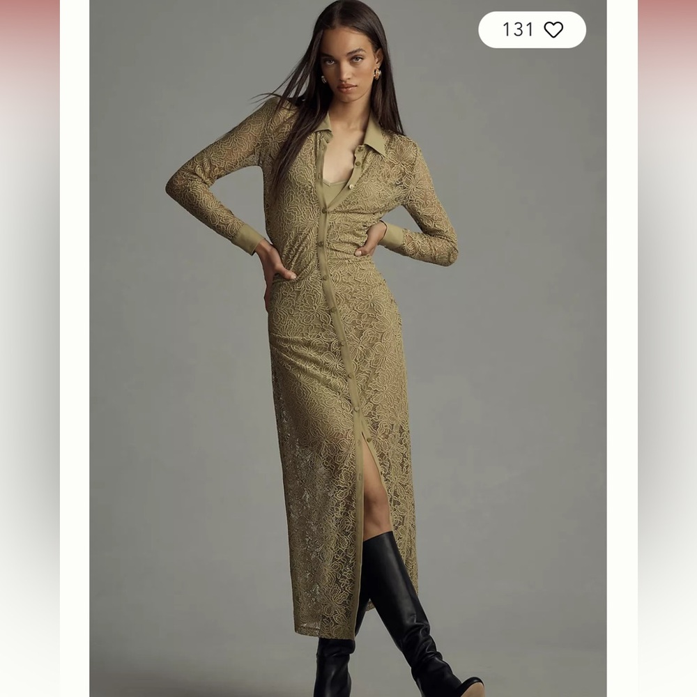 Anthropologie Olive Lace Long-Sleeve Button-Front Maxi Dress